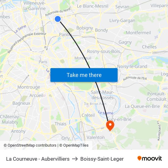La Courneuve - Aubervilliers to Boissy-Saint-Leger map