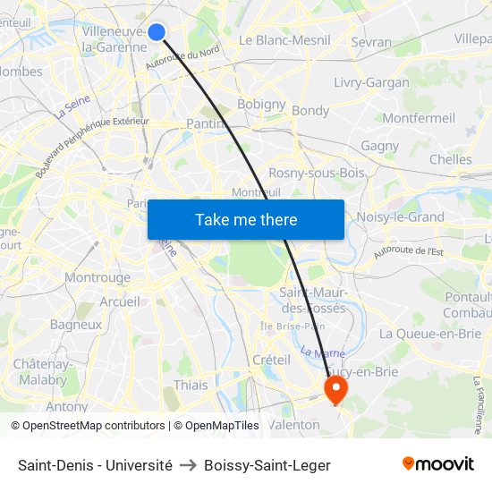 Saint-Denis - Université to Boissy-Saint-Leger map