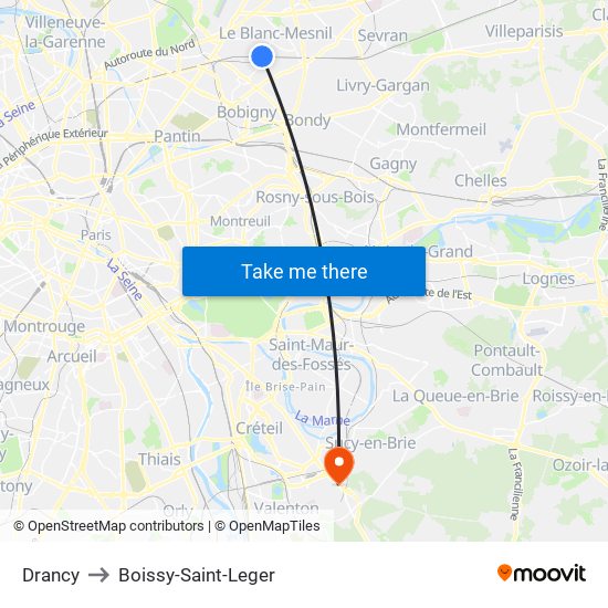 Drancy to Boissy-Saint-Leger map