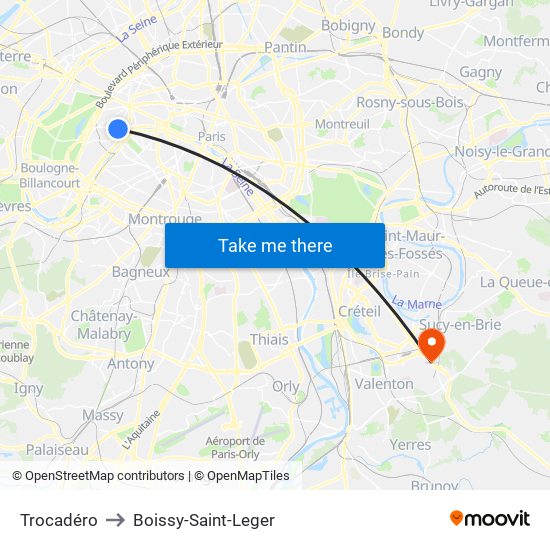 Trocadéro to Boissy-Saint-Leger map