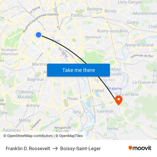 Franklin D. Roosevelt to Boissy-Saint-Leger map
