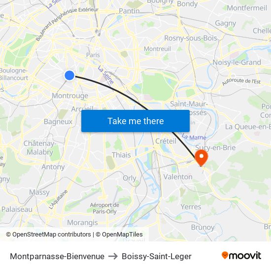 Montparnasse-Bienvenue to Boissy-Saint-Leger map