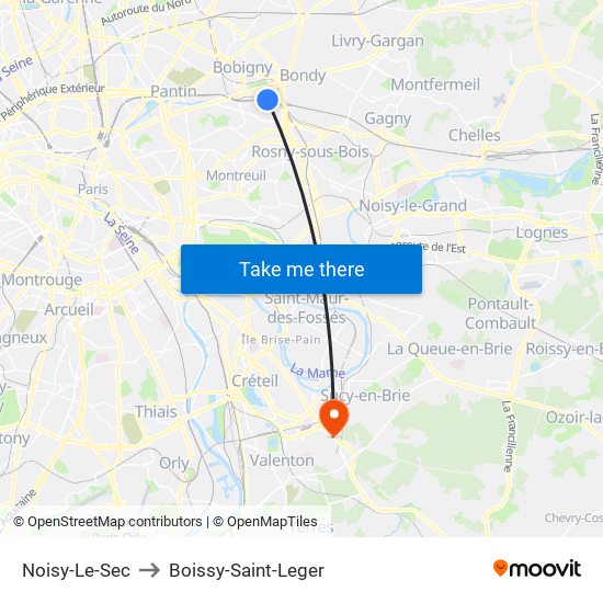 Noisy-Le-Sec to Boissy-Saint-Leger map