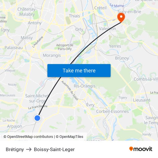 Brétigny to Boissy-Saint-Leger map