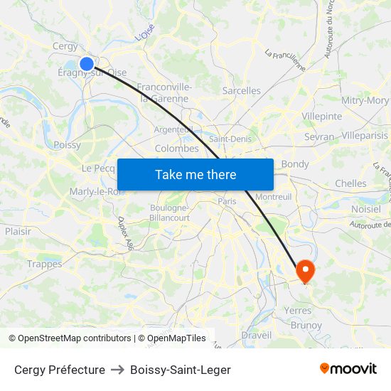 Cergy Préfecture to Boissy-Saint-Leger map