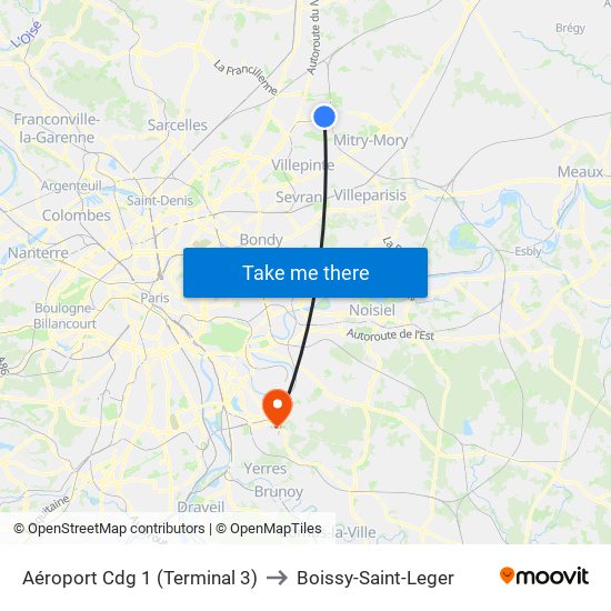Aéroport Cdg 1 (Terminal 3) to Boissy-Saint-Leger map