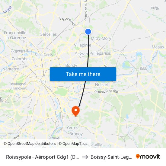 Roissypole - Aéroport Cdg1 (D3) to Boissy-Saint-Leger map