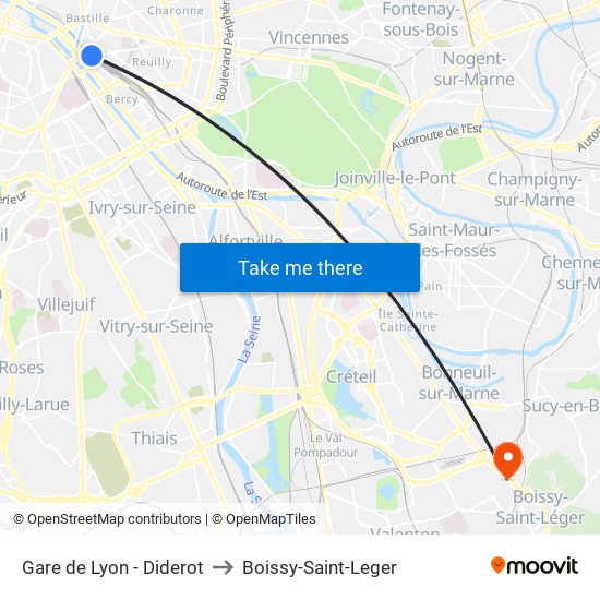 Gare de Lyon - Diderot to Boissy-Saint-Leger map