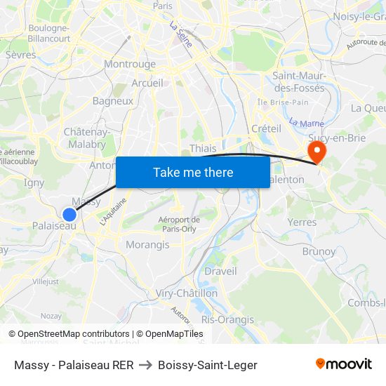 Massy - Palaiseau RER to Boissy-Saint-Leger map