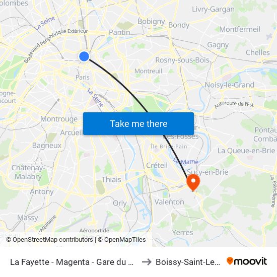 La Fayette - Magenta - Gare du Nord to Boissy-Saint-Leger map