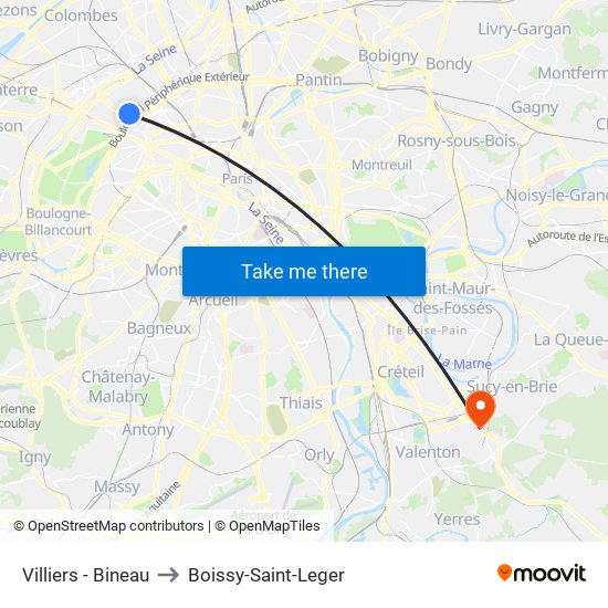 Villiers - Bineau to Boissy-Saint-Leger map