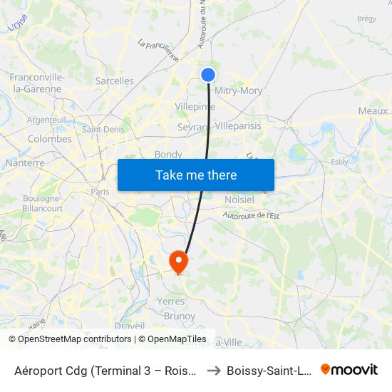 Aéroport Cdg (Terminal 3 – Roissypôle) to Boissy-Saint-Leger map