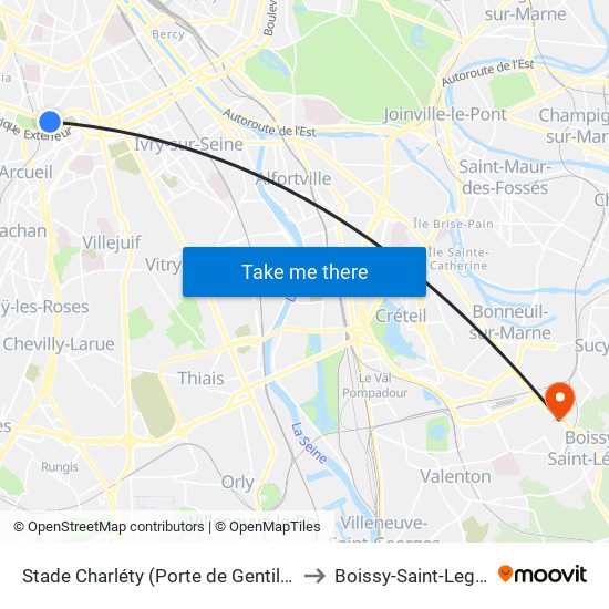 Stade Charléty (Porte de Gentilly) to Boissy-Saint-Leger map