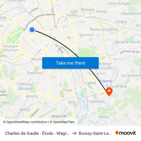 Charles de Gaulle - Étoile - Wagram to Boissy-Saint-Leger map