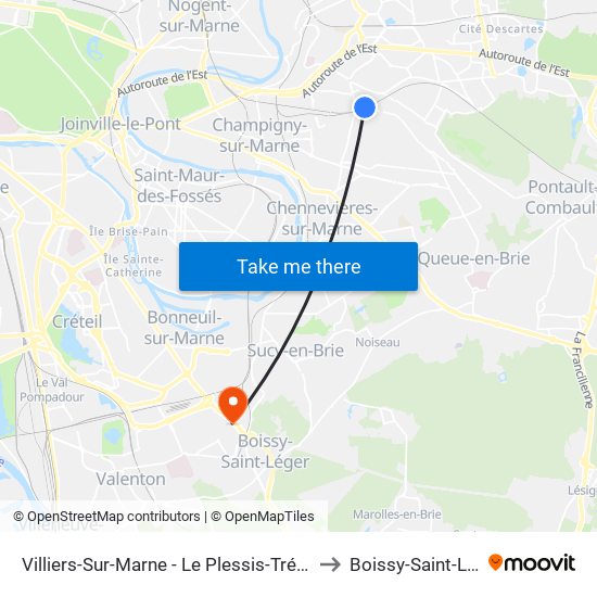 Villiers-Sur-Marne - Le Plessis-Trévise RER to Boissy-Saint-Leger map