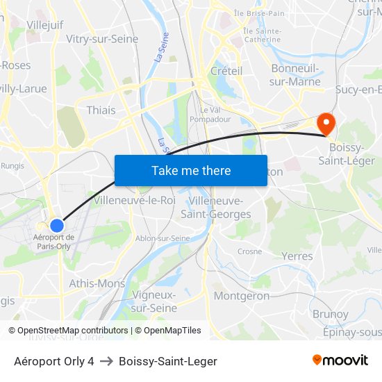 Aéroport Orly 4 to Boissy-Saint-Leger map