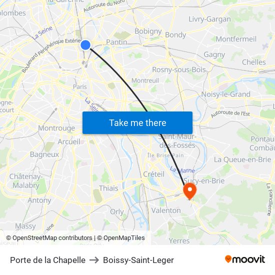 Porte de la Chapelle to Boissy-Saint-Leger map