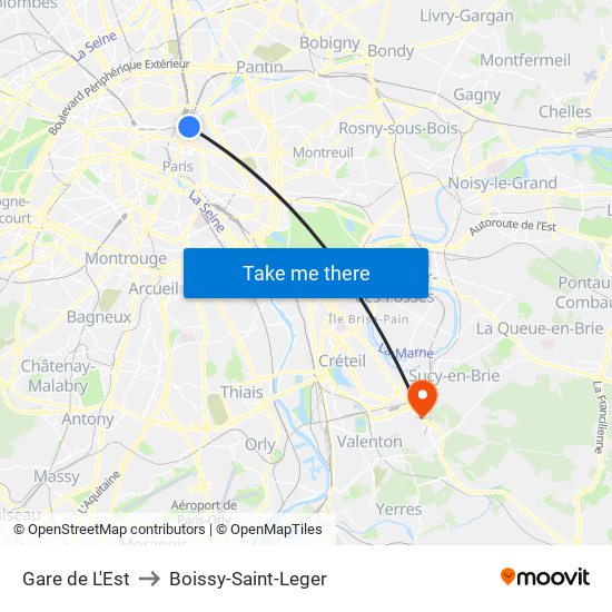 Gare de L'Est to Boissy-Saint-Leger map