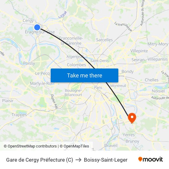 Gare de Cergy Préfecture (C) to Boissy-Saint-Leger map