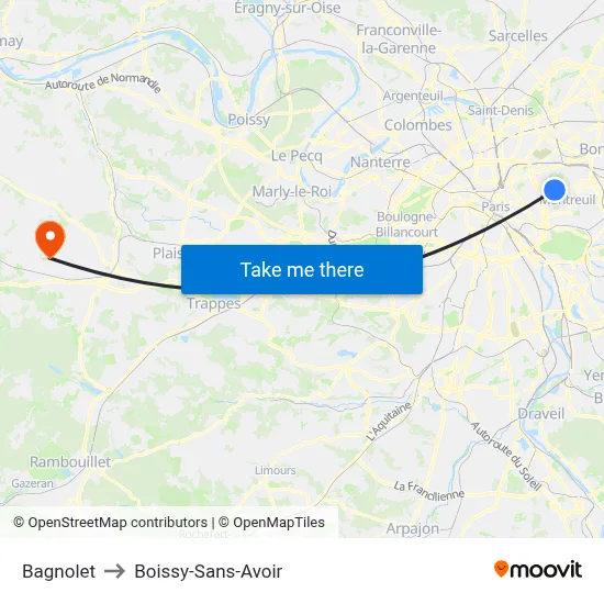Bagnolet to Boissy-Sans-Avoir map