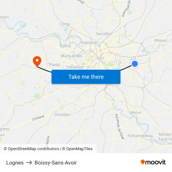 Lognes to Boissy-Sans-Avoir map