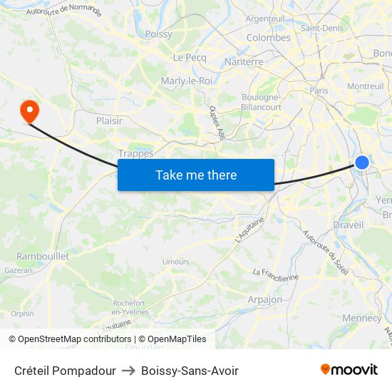 Créteil Pompadour to Boissy-Sans-Avoir map