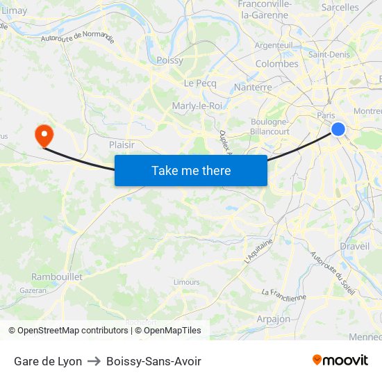 Gare de Lyon to Boissy-Sans-Avoir map