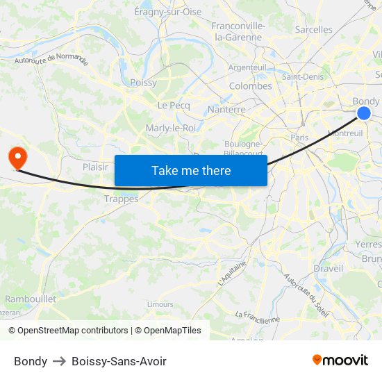 Bondy to Boissy-Sans-Avoir map