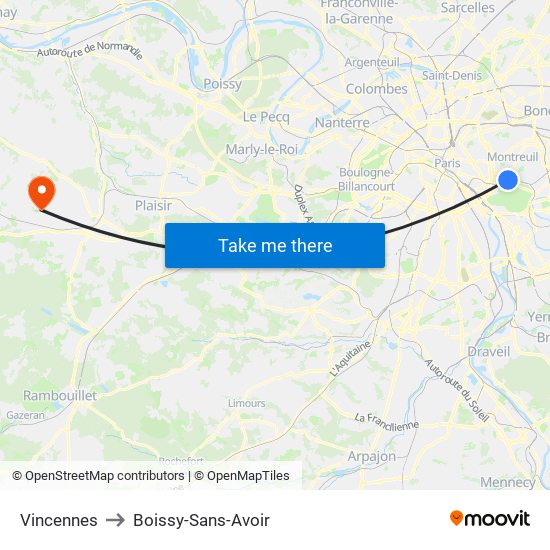 Vincennes to Boissy-Sans-Avoir map