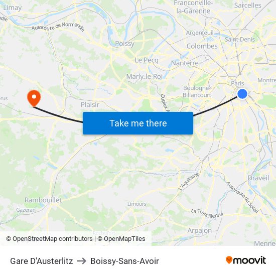 Gare D'Austerlitz to Boissy-Sans-Avoir map