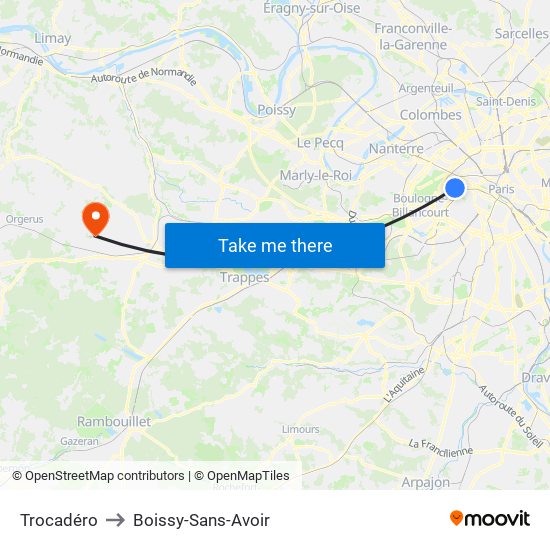 Trocadéro to Boissy-Sans-Avoir map