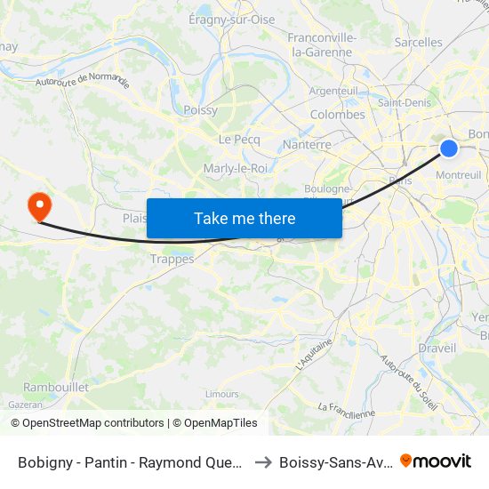 Bobigny - Pantin - Raymond Queneau to Boissy-Sans-Avoir map