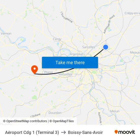 Aéroport Cdg 1 (Terminal 3) to Boissy-Sans-Avoir map