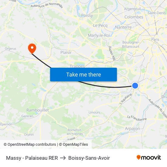 Massy - Palaiseau RER to Boissy-Sans-Avoir map