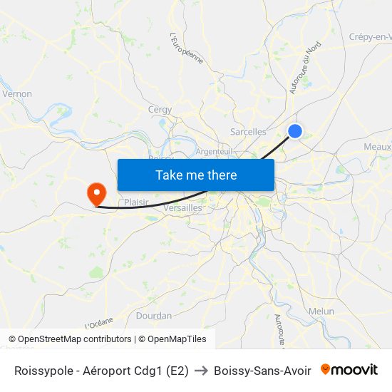 Roissypole - Aéroport Cdg1 (E2) to Boissy-Sans-Avoir map