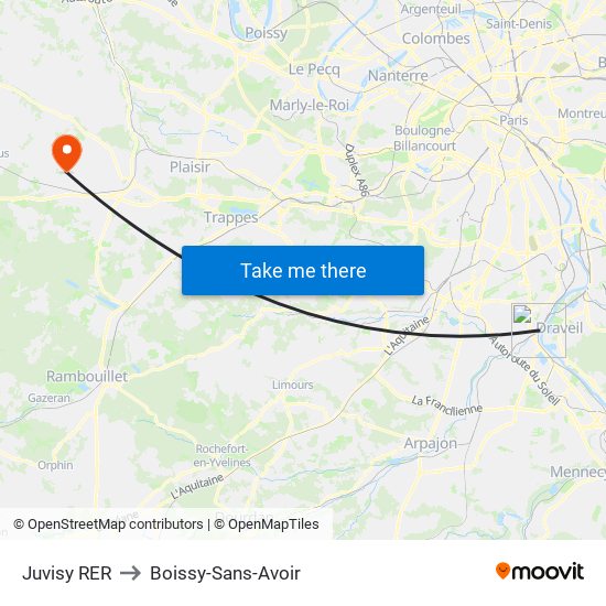 Juvisy RER to Boissy-Sans-Avoir map