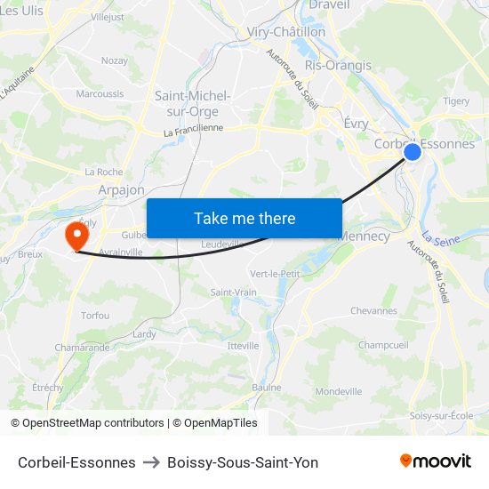 Corbeil-Essonnes to Boissy-Sous-Saint-Yon map