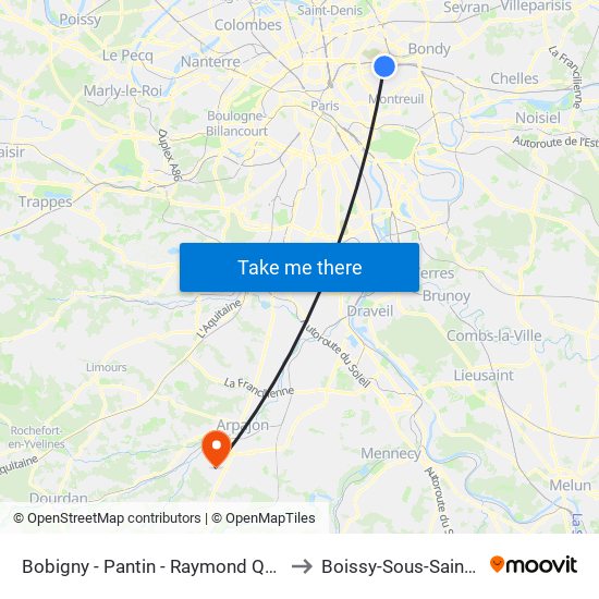 Bobigny - Pantin - Raymond Queneau to Boissy-Sous-Saint-Yon map
