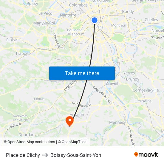 Place de Clichy to Boissy-Sous-Saint-Yon map