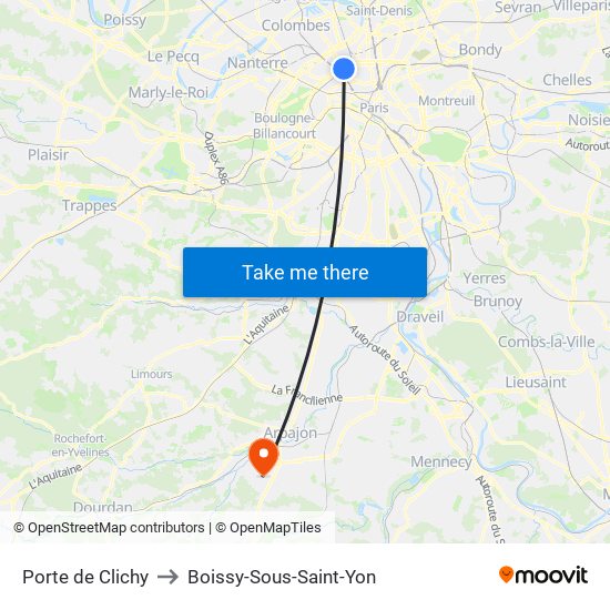 Porte de Clichy to Boissy-Sous-Saint-Yon map