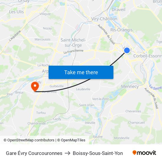 Gare Évry Courcouronnes to Boissy-Sous-Saint-Yon map