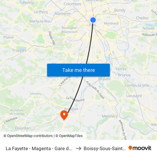 La Fayette - Magenta - Gare du Nord to Boissy-Sous-Saint-Yon map