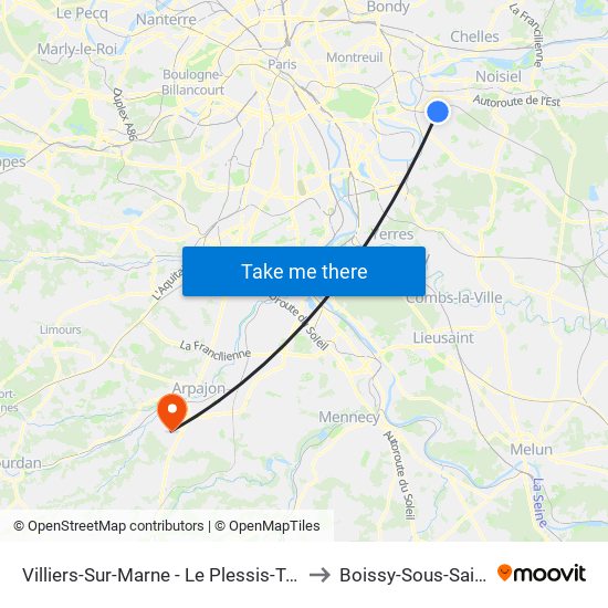 Villiers-Sur-Marne - Le Plessis-Trévise RER to Boissy-Sous-Saint-Yon map