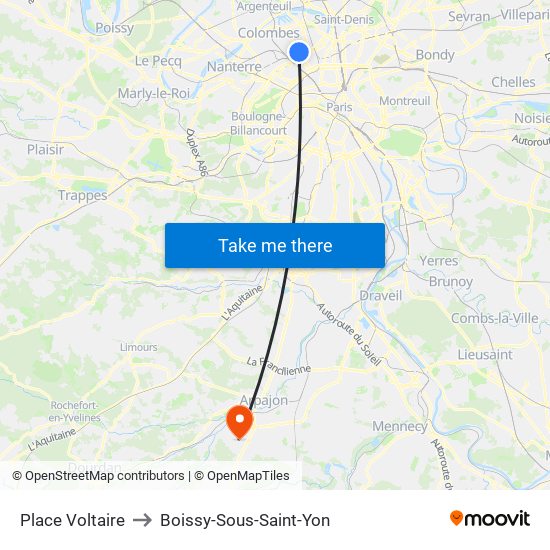 Place Voltaire to Boissy-Sous-Saint-Yon map