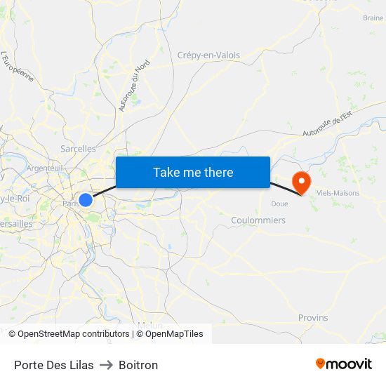 Porte Des Lilas to Boitron map