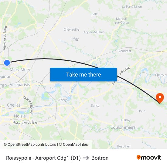 Roissypole - Aéroport Cdg1 (D1) to Boitron map