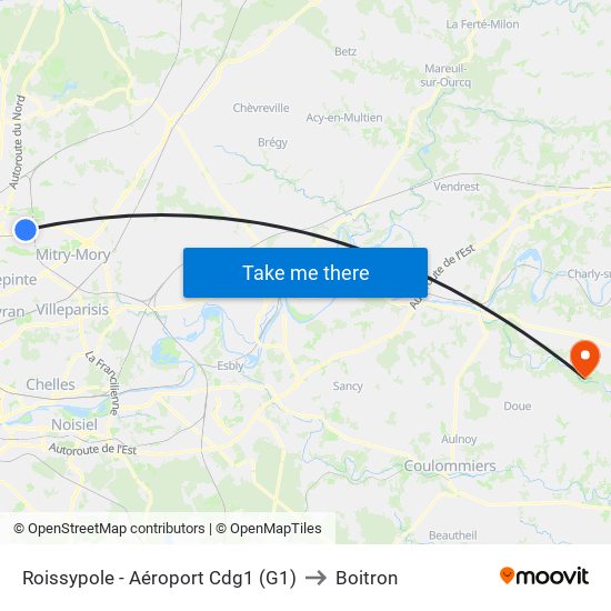 Roissypole - Aéroport Cdg1 (G1) to Boitron map