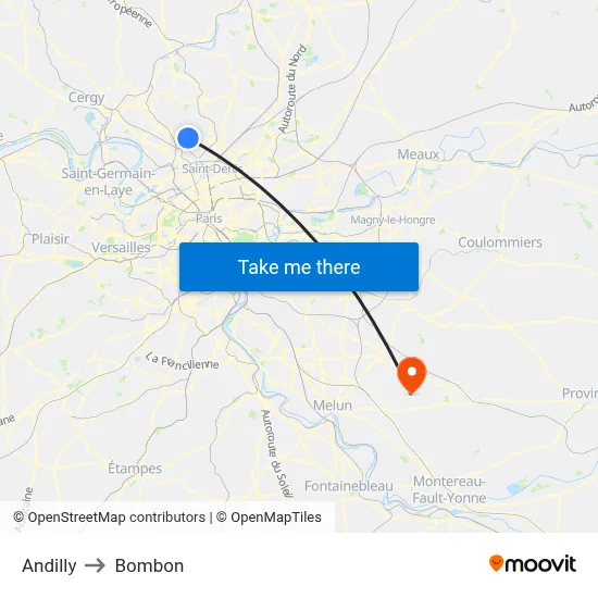 Andilly to Bombon map