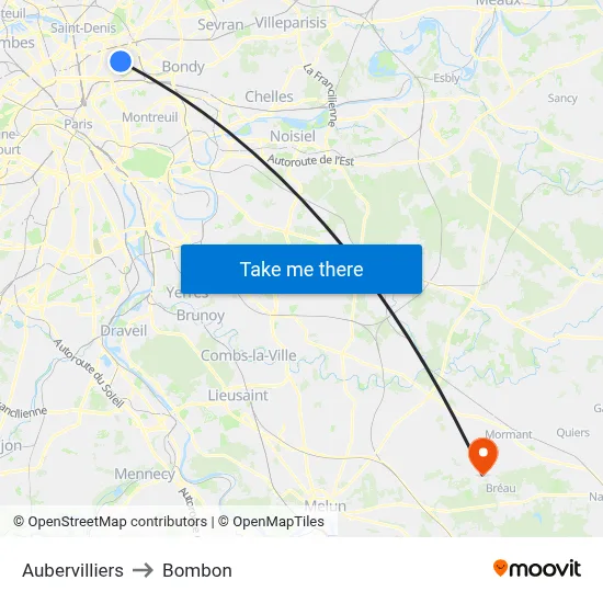 Aubervilliers to Bombon map