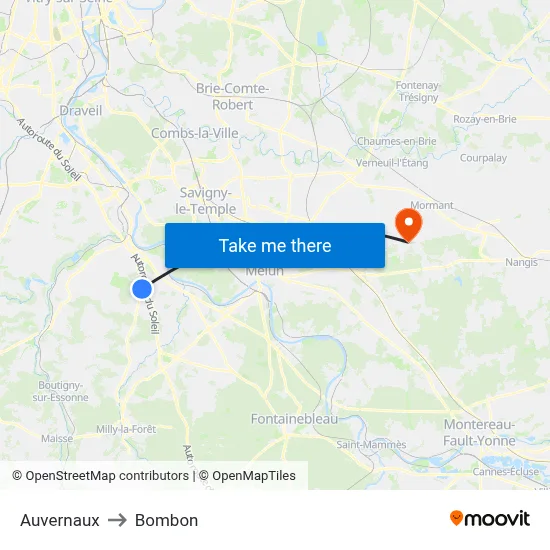 Auvernaux to Bombon map